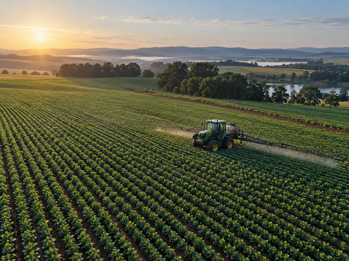 Área agrícola com linhas de cultivo e máquina em operação.