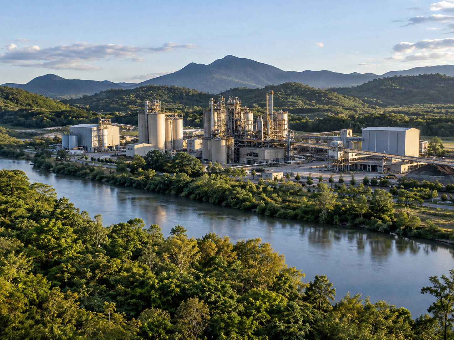 Instalação industrial junto a vegetação e curso d’água.