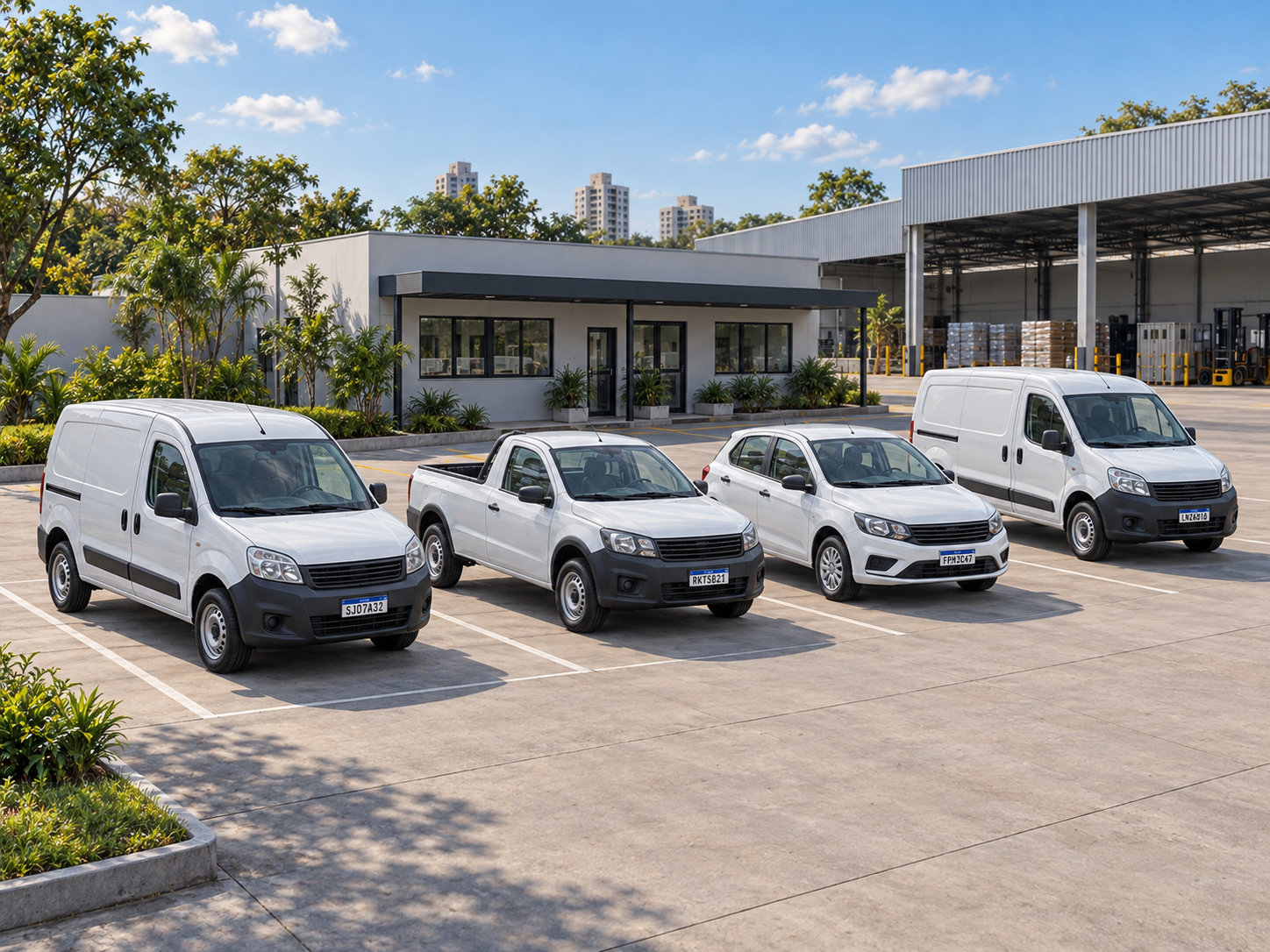 Frota empresarial com vans, picape e automóvel em pátio sob céu azul.