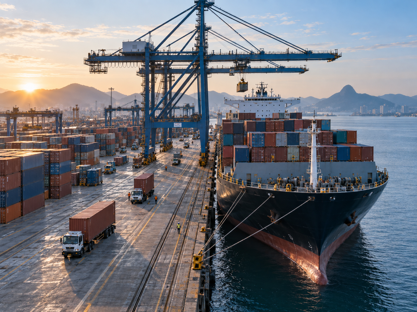 Navio cargueiro atracado em terminal de contêineres.