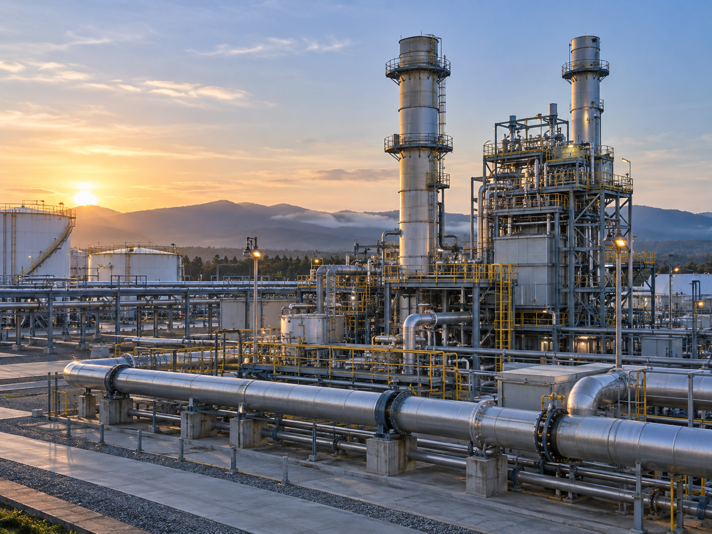 Instalação de energia com tubulações e estruturas metálicas.