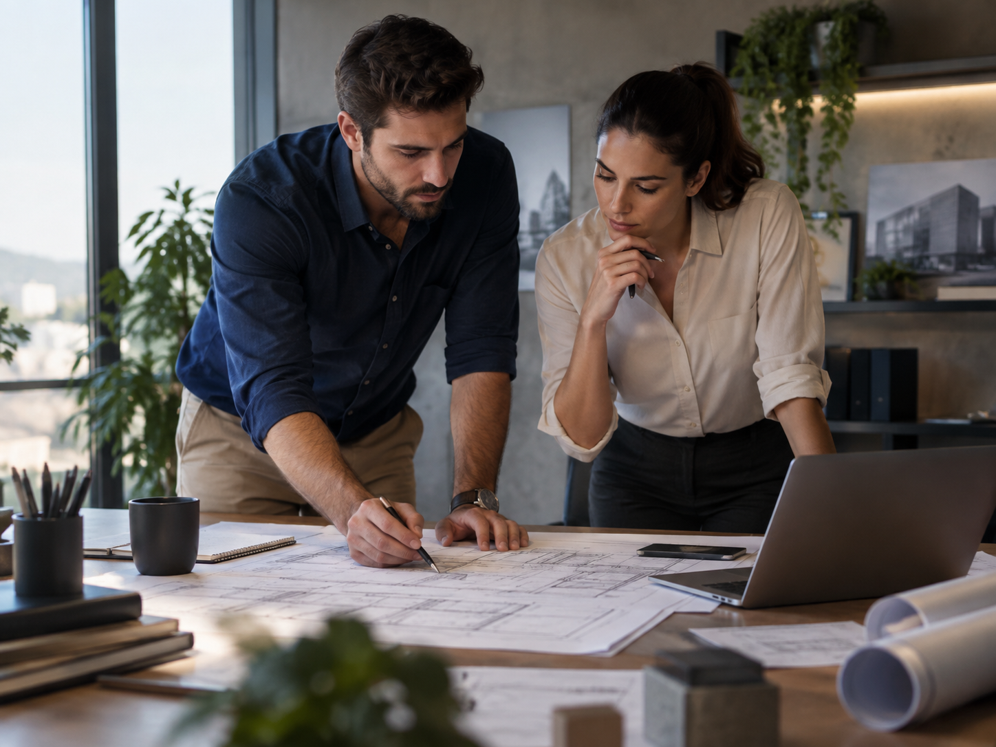 Dois profissionais revisando um projeto técnico sobre uma mesa.