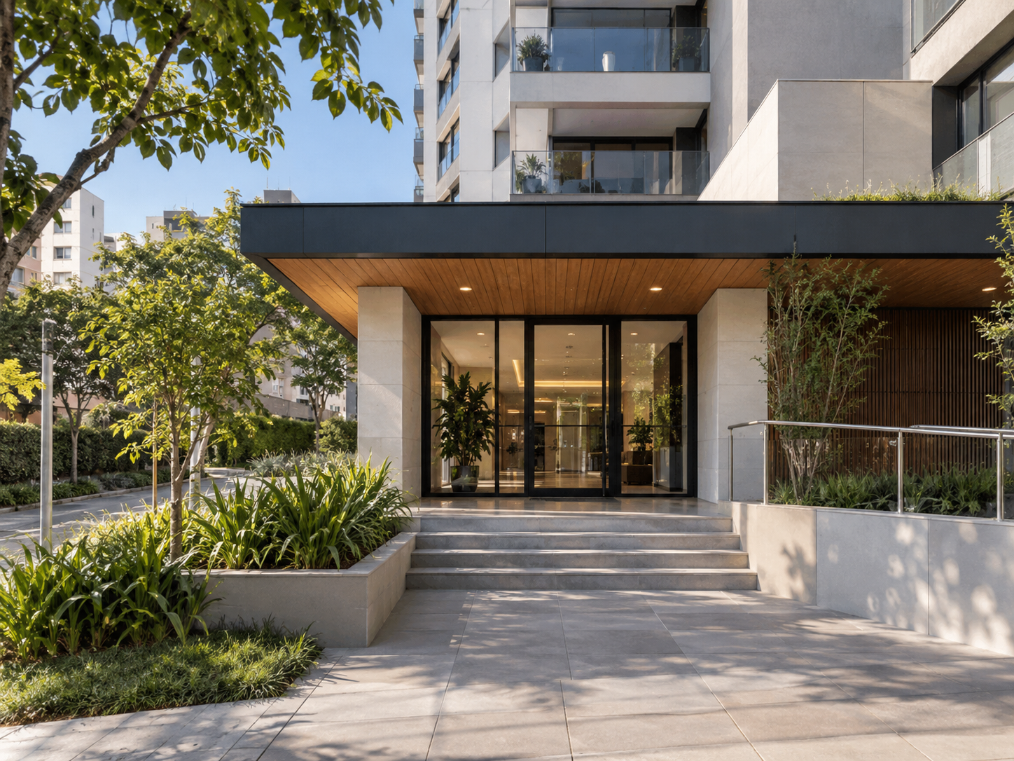 Entrada de imóvel urbano com fachada contemporânea.