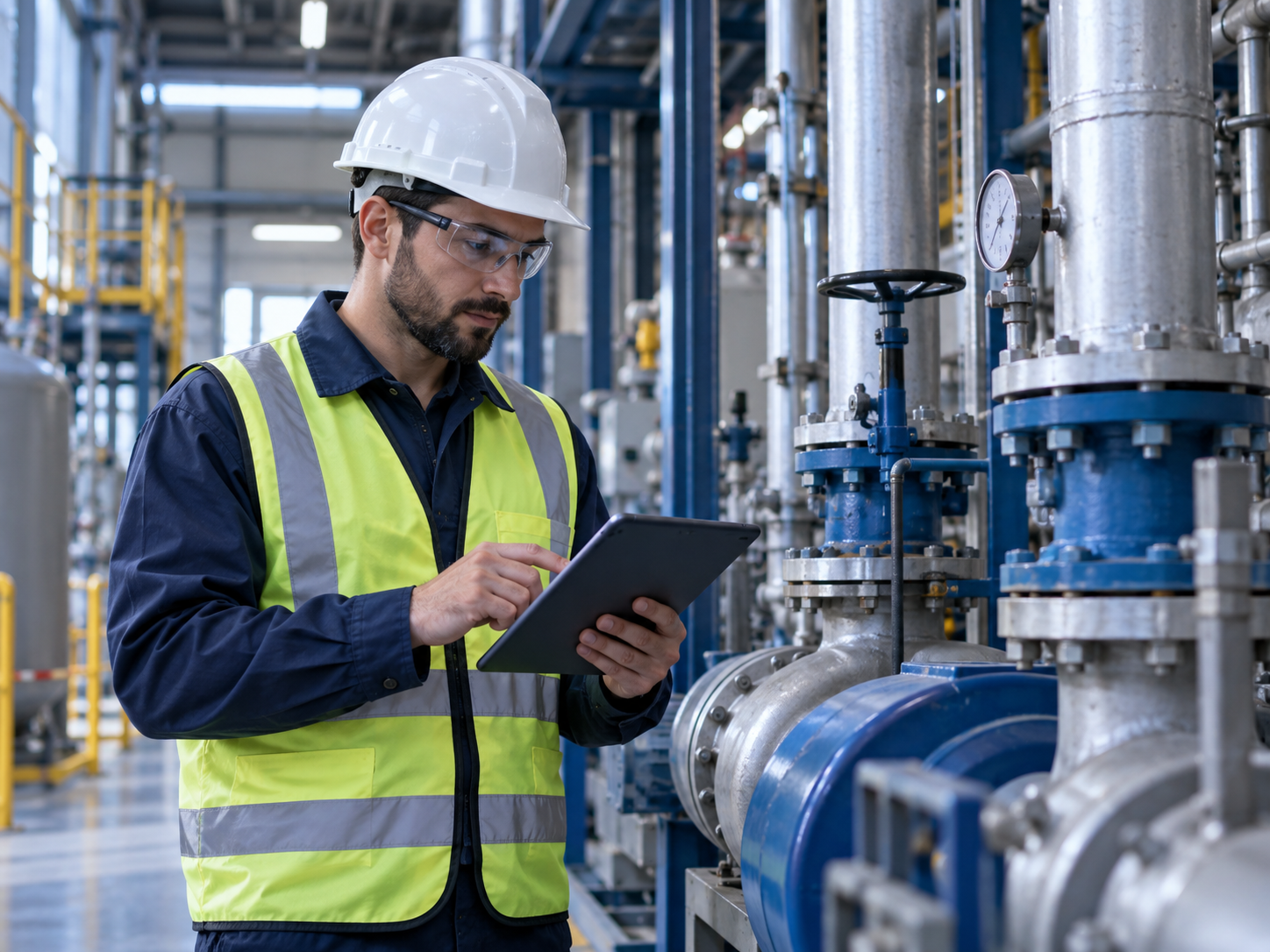 Especialista com equipamentos de proteção inspecionando instalação industrial.