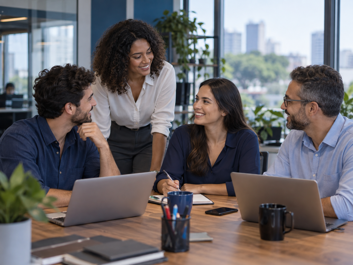 Profissionais conversando em ambiente de trabalho.