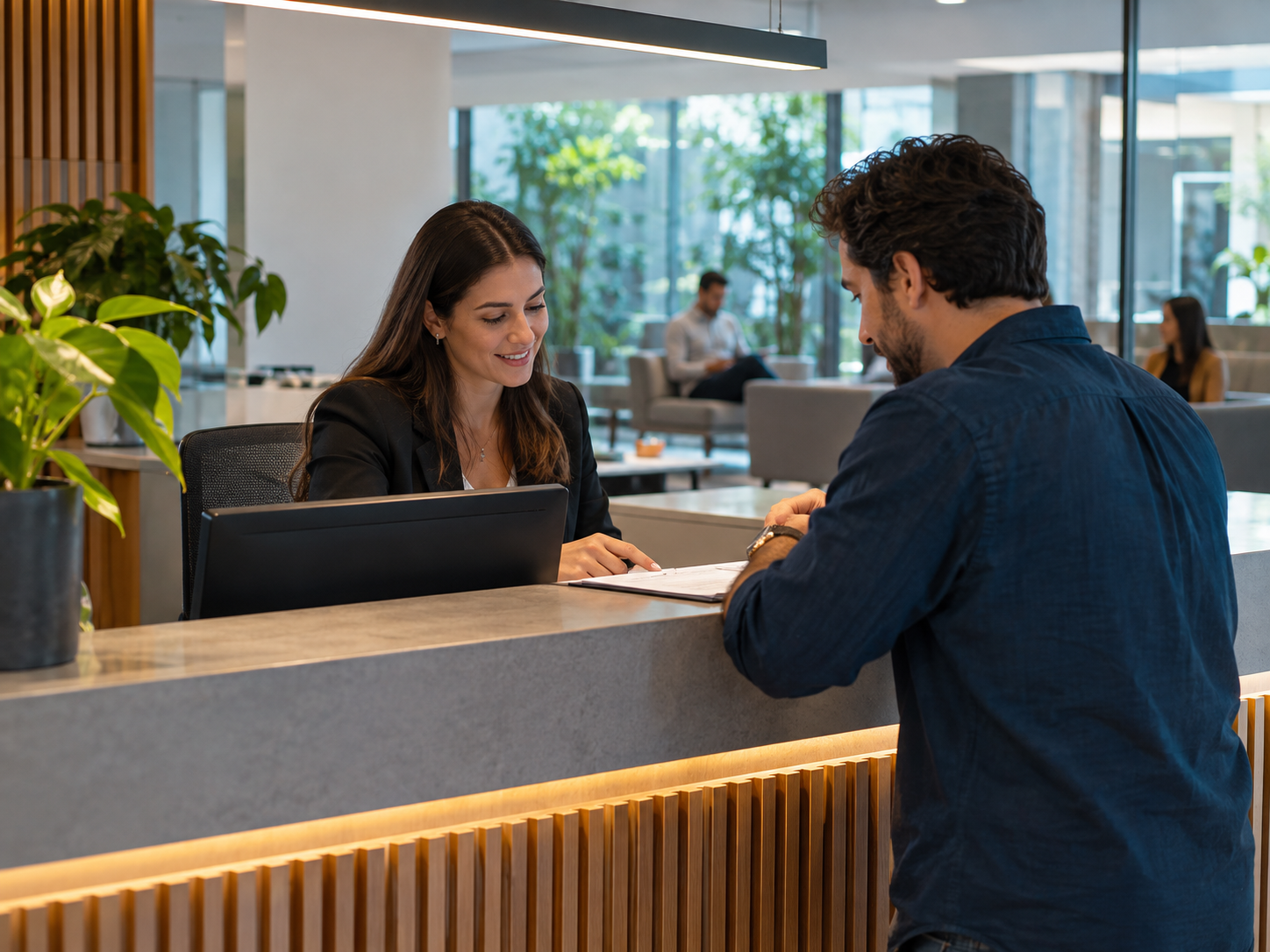 Atendimento entre colaboradora e visitante em ambiente empresarial.