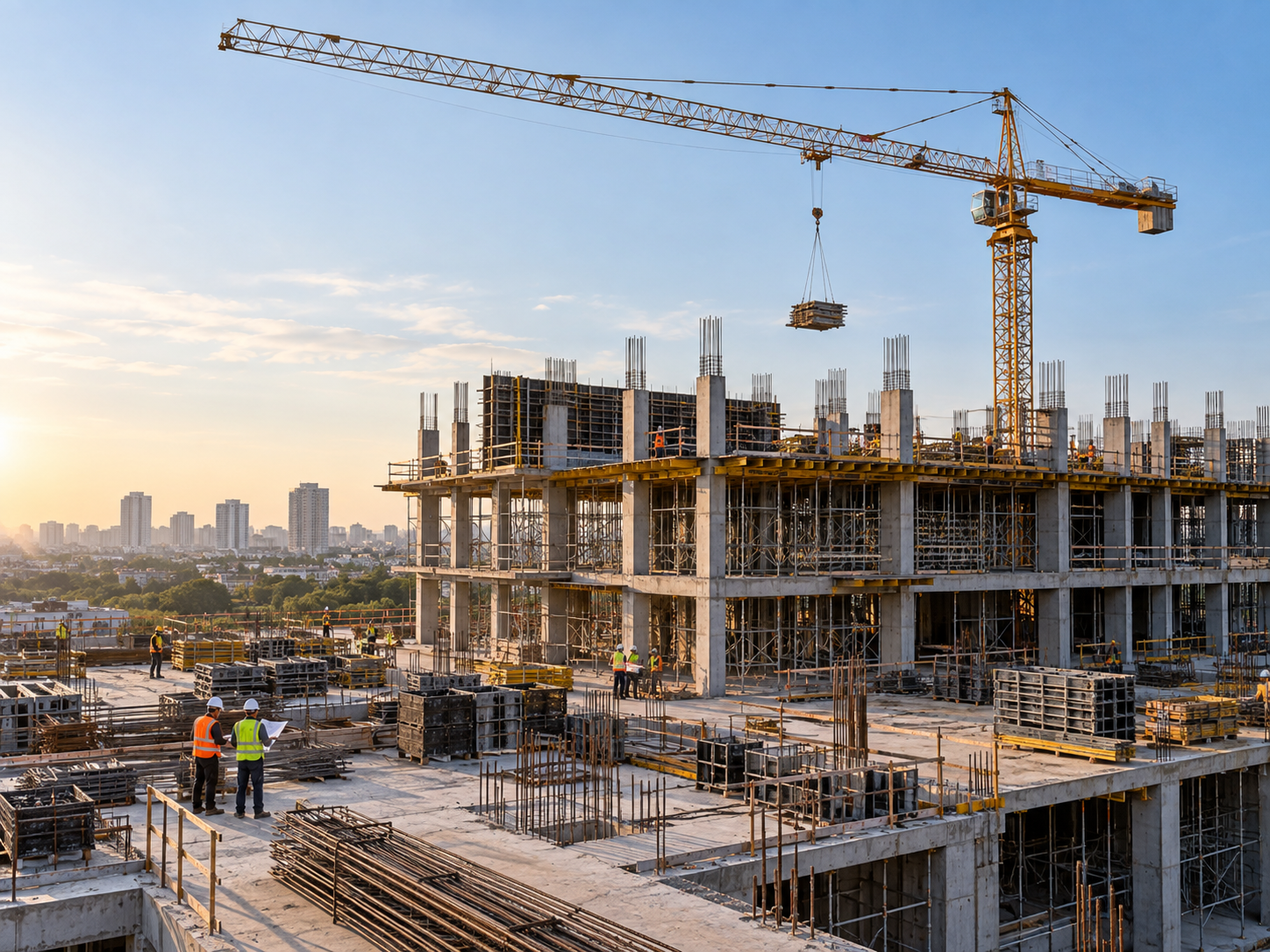 Obra em execução com estruturas de concreto e guindaste.