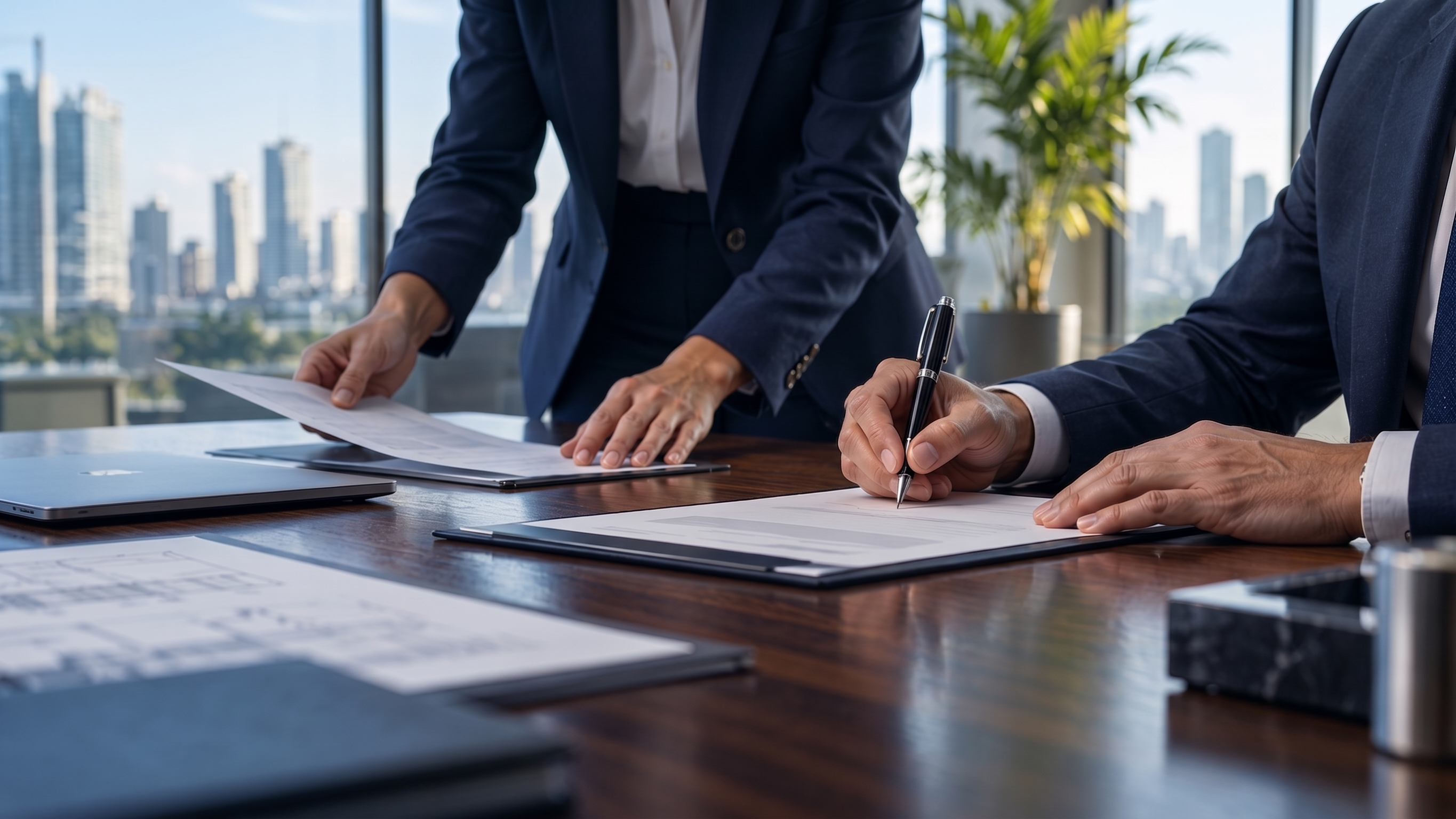 Executivos assinando contrato em escritório corporativo.